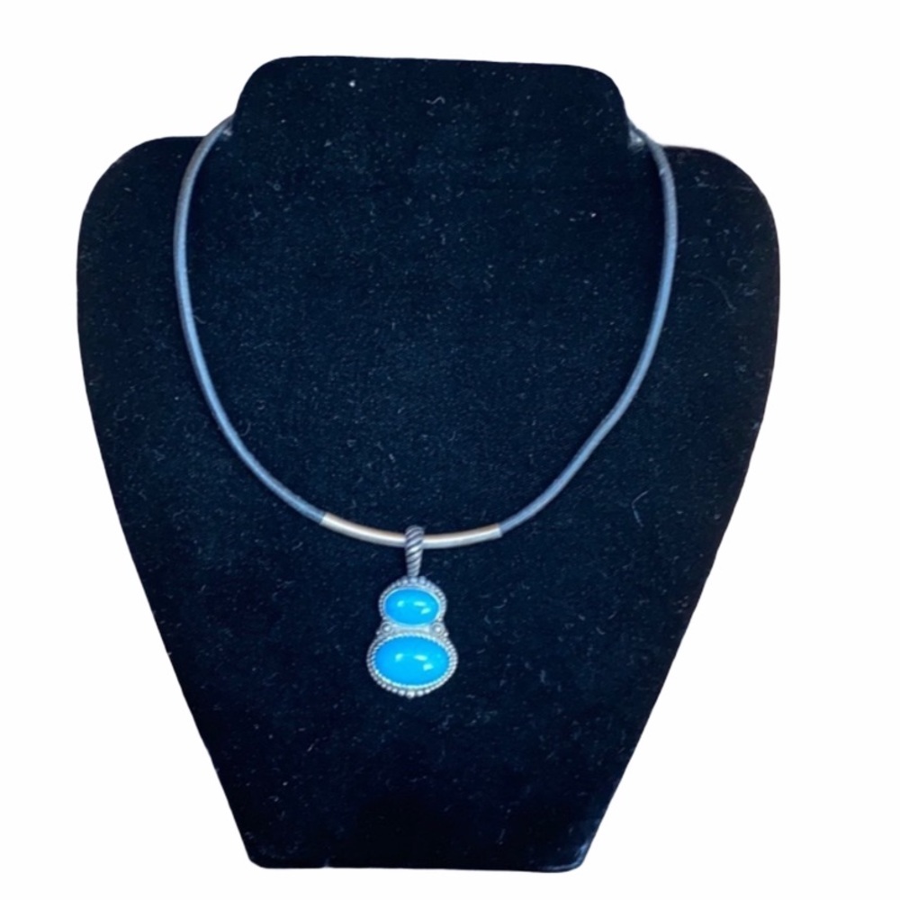 Turquoise Blue Slider Pendant Statement Cord Choker Necklace Southwestern